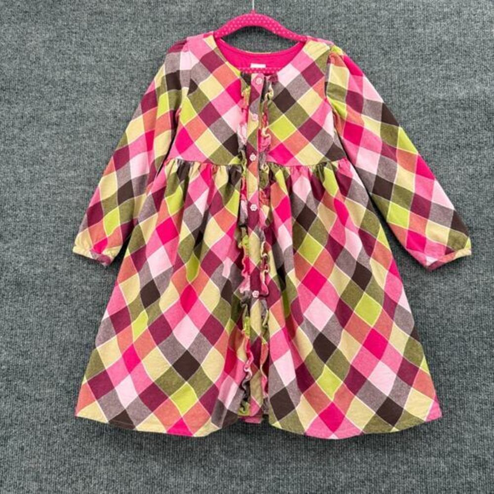 Gymboree Girls Dress Size 5 Plaid Flannel Long Sleeve Ruffled Lined 100% Cotton